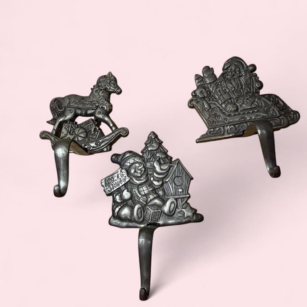 Vintage Cast Iron Christmas Wall Hooks Santa Sleigh Snowman Rocking Horse 3pc